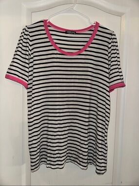 HEIMISH USA Black & White Striped Tee with Pink Trim